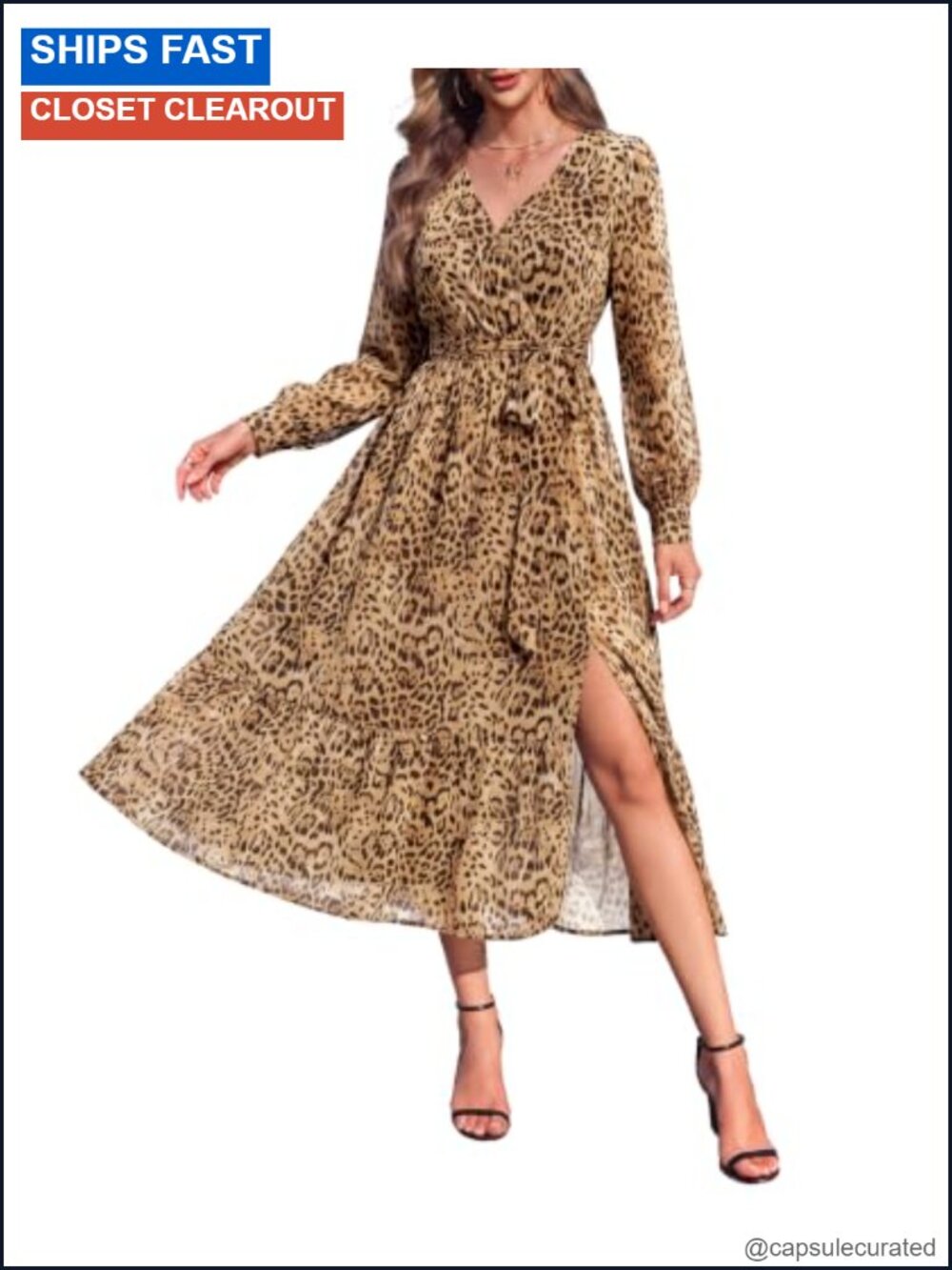Women's V-Neck Long Sleeve Midi Dress with Pockets Flowy A-Line Chiffon